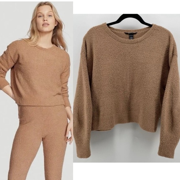 Victoria’s Secret Women Sweater Large Tan Cozy Knit Cropped Loungewear Comfy - Picture 1 of 15